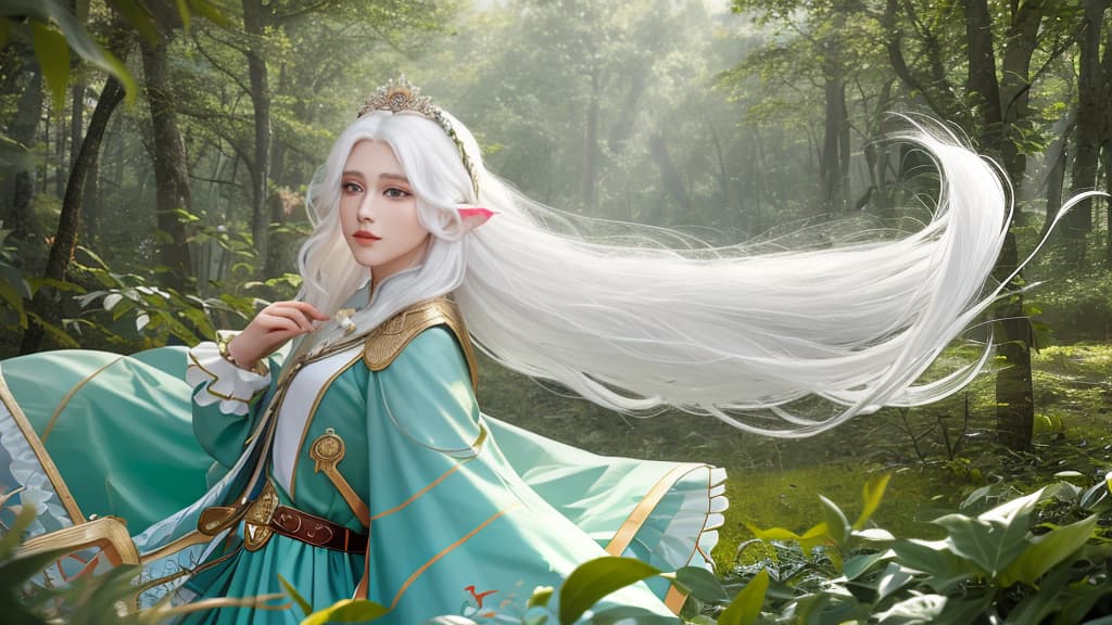  masterpiece, best quality, full nidity,(masterpiece, best quality, high quality, super detail), realism, 1 sweet , bigger,(side id: 1.1), long hair,((white hair)), leaf hair accessory, elf, green eyes,(look away: 1.2),(hair floating: 1.3), from the side,(in forest: 1.3),(lens flare from right: 1.2) , , full ity