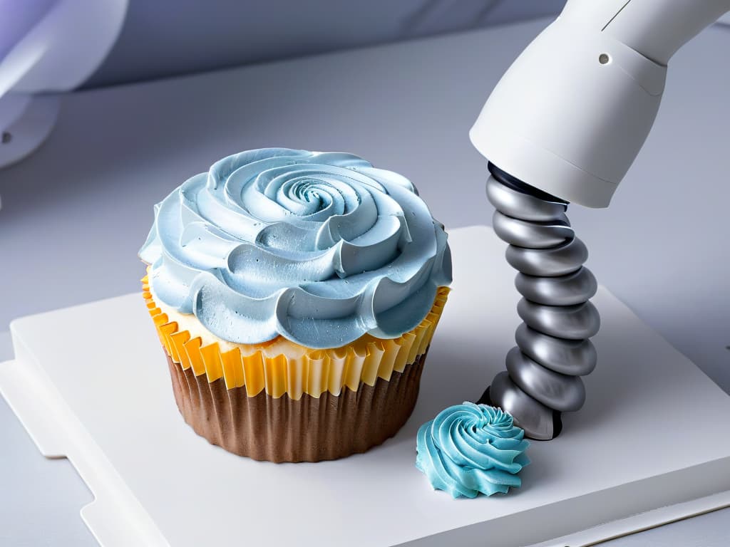  An ultradetailed closeup image of a sleek, silver robotic arm delicately piping intricate swirls of frosting onto a perfectly crafted cupcake, showcasing the precision and efficiency of robotic technology in the art of pastry decoration. The metallic sheen of the arm contrasts beautifully with the vibrant colors of the frosting, creating a visually striking and modern aesthetic that embodies the fusion of technology and culinary artistry. hyperrealistic, full body, detailed clothing, highly detailed, cinematic lighting, stunningly beautiful, intricate, sharp focus, f/1. 8, 85mm, (centered image composition), (professionally color graded), ((bright soft diffused light)), volumetric fog, trending on instagram, trending on tumblr, HDR 4K, 8K