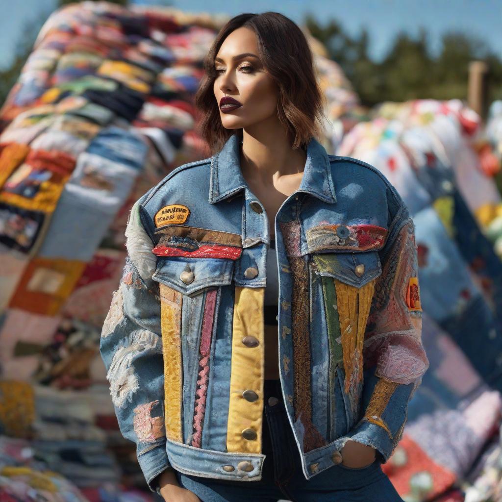  create 90s style, upcycled, reworked, denim jacket, made from textile waste and using patchwork aesthetic hyperrealistic, full body, detailed clothing, highly detailed, cinematic lighting, stunningly beautiful, intricate, sharp focus, f/1. 8, 85mm, (centered image composition), (professionally color graded), ((bright soft diffused light)), volumetric fog, trending on instagram, trending on tumblr, HDR 4K, 8K