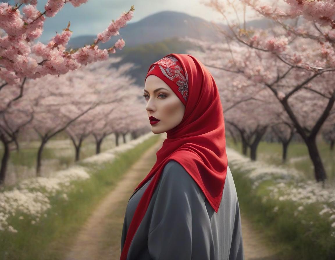  surrealist art A digital art portrait of a woman with a red headscarf, cherry blossoms in her hair, and serene landscape in the background. . dreamlike, mysterious, provocative, symbolic, intricate, detailed hyperrealistic, full body, detailed clothing, highly detailed, cinematic lighting, stunningly beautiful, intricate, sharp focus, f/1. 8, 85mm, (centered image composition), (professionally color graded), ((bright soft diffused light)), volumetric fog, trending on instagram, trending on tumblr, HDR 4K, 8K