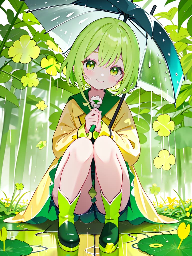  Staring at the four leaf clover with an umbrella in the rain, a yellow raincoat and a yellow green girl character crouching with boots and staring at the on the ground and staring with a smile. focus, masterpiece, best quality,8k,ultra detailed,high resolution,an extremely delicate and beautiful,hyper detail