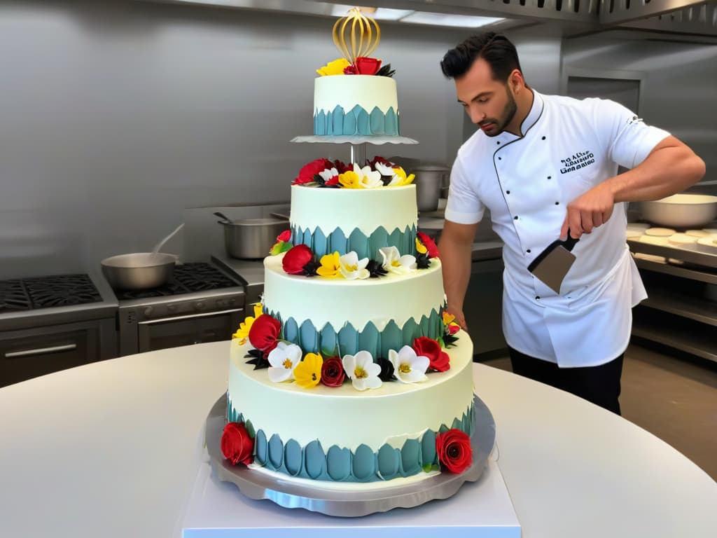  An ultradetailed image of a professional pastry chef meticulously crafting an elaborate and intricate multitiered wedding cake. The chef is seen delicately piping intricate designs with precision onto the cake layers, showcasing advanced cake decorating techniques. The kitchen is bustling with activity, filled with an array of colorful fondant, edible flowers, and various tools of the trade. The lighting is soft and warm, casting a gentle glow on the chef's focused expression as they work on this masterpiece of culinary art. hyperrealistic, full body, detailed clothing, highly detailed, cinematic lighting, stunningly beautiful, intricate, sharp focus, f/1. 8, 85mm, (centered image composition), (professionally color graded), ((bright soft diffused light)), volumetric fog, trending on instagram, trending on tumblr, HDR 4K, 8K