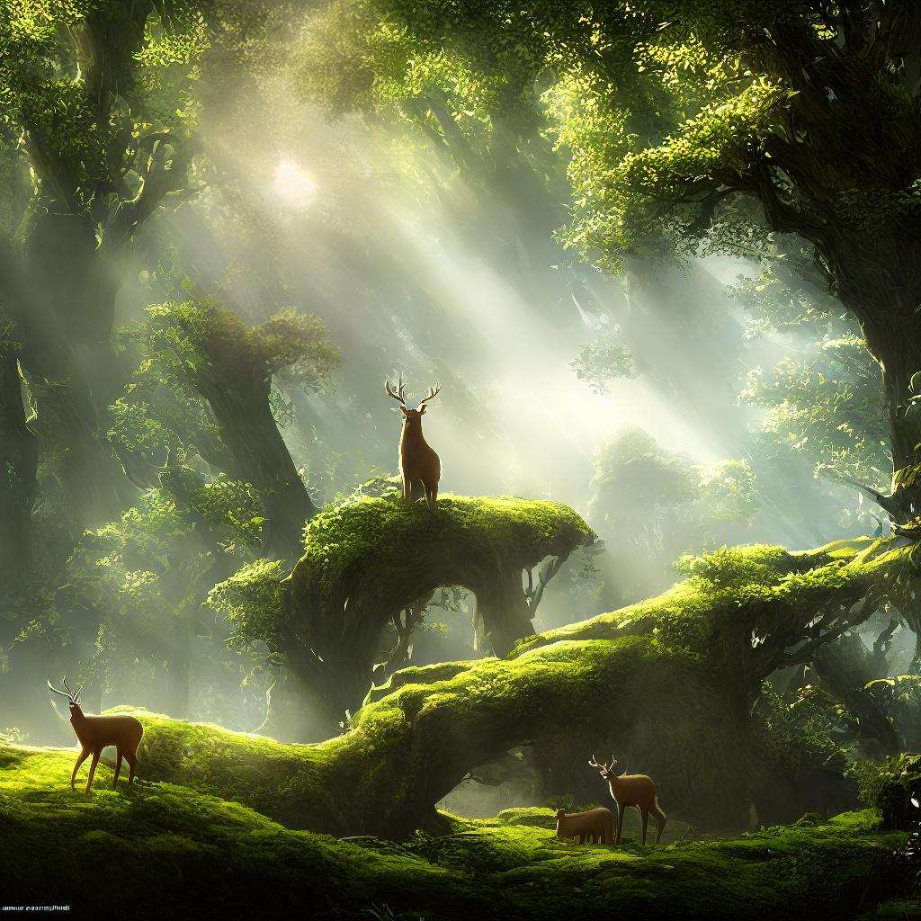  ((masterpiece)), (((best quality))), 8k, high detailed, ultra-detailed, advertisement shot, environmental setting, soft lighting, wildlife, photo taken with Nikon Z9 and Nikon Z 70-200mm f/2.8 VR S lens, A serene forest scene with a majestic deer (standing on a moss-covered rock), surrounded by lush greenery and gently flowing streams, bathed in the warm glow of soft sunlight hyperrealistic, full body, detailed clothing, highly detailed, cinematic lighting, stunningly beautiful, intricate, sharp focus, f/1. 8, 85mm, (centered image composition), (professionally color graded), ((bright soft diffused light)), volumetric fog, trending on instagram, trending on tumblr, HDR 4K, 8K