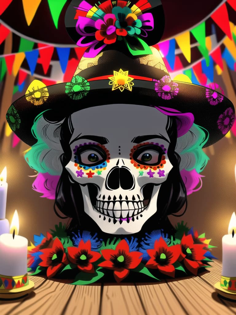  day of the dead, dia de los muertos, (sombrero hat), masterpiece, best quality, skull, (Mexican culture), traditional, celebration, festive, colorful, (Mexican festival paint), flowers, altar, candles, skeleton, spirits, Mexican holiday, vibrant, decorative, papel picado, festive makeup, cultural heritage, folk art, macabre, festive atmosphere