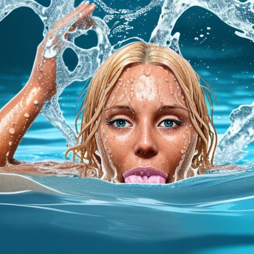  tanned blonde woman drowning and sinking in water the water is up to her nose she's panic