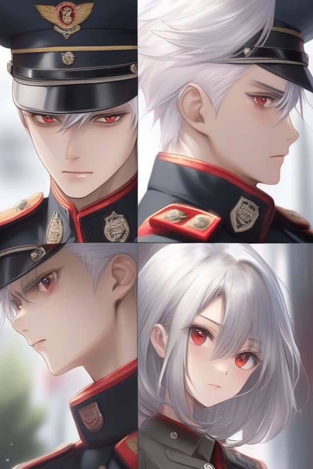  Silver hair, red eyes, military uniforms, sharp eyes, tall, yes, (upper body only), (short hair), (super beautiful youth), (close up), (glaring)