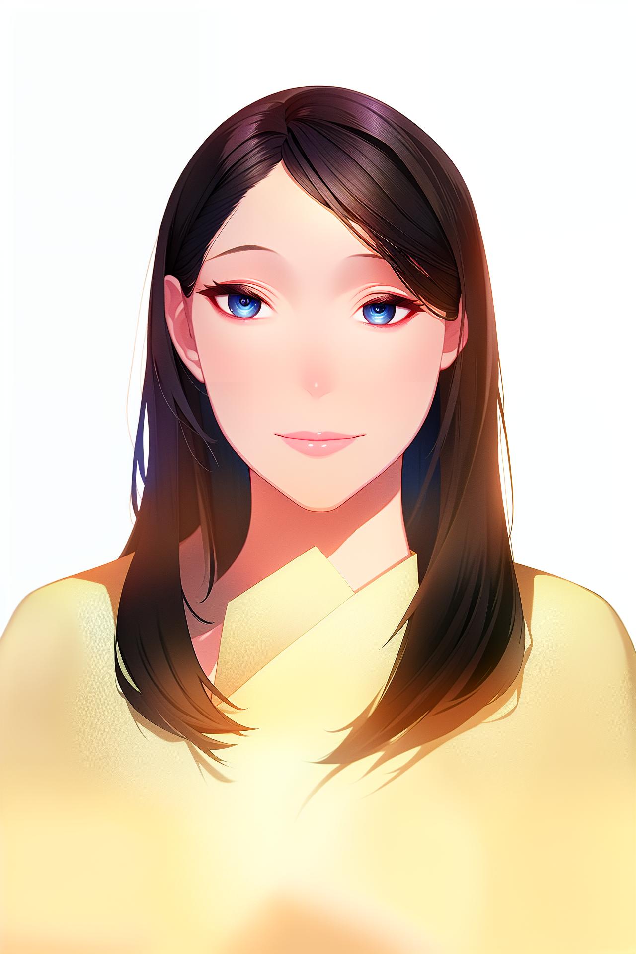  1girl, solo, blue background, shirt, simple background, looking at viewer, black hair, collared shirt, white shirt, realistic, smile, black eyes, upper body, lips, wing collar, closed mouth, bangs, medium hair, masterpiece, best quality, animegao, illustration, hyperrealistic, full body, detailed clothing, highly detailed, cinematic lighting, stunningly beautiful, intricate, sharp focus, f/1. 8, 85mm, (centered image composition), (professionally color graded), ((bright soft diffused light)), volumetric fog, trending on instagram, trending on tumblr, HDR 4K, 8K