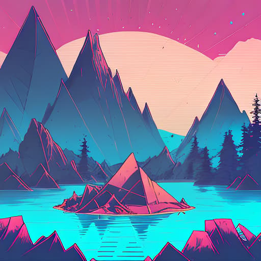 nvinkpunk Whimsical mountains with trees, water, and camping