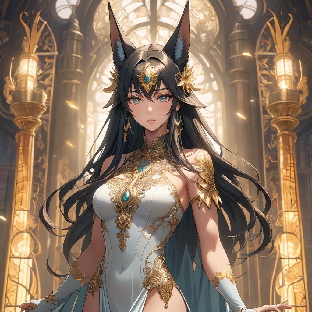  Art Nouveau style Anime character in manga style, a tall girl with scraggly long hair, Anubis, in a transparent dress. . elegant, decorative, curvilinear forms, nature inspired, ornate, detailed hyperrealistic, full body, detailed clothing, highly detailed, cinematic lighting, stunningly beautiful, intricate, sharp focus, f/1. 8, 85mm, (centered image composition), (professionally color graded), ((bright soft diffused light)), volumetric fog, trending on instagram, trending on tumblr, HDR 4K, 8K