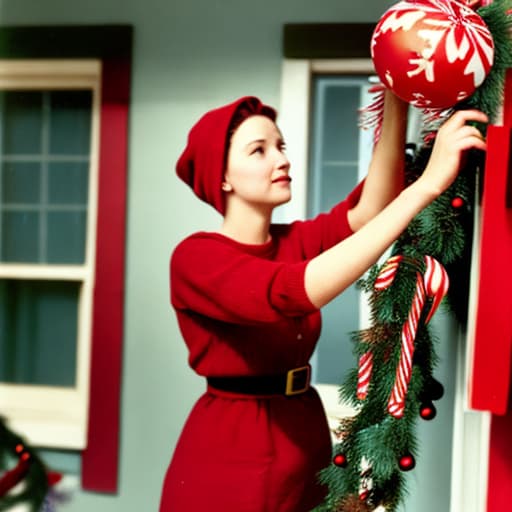  color photo of a woman putting up Christmas decorations
