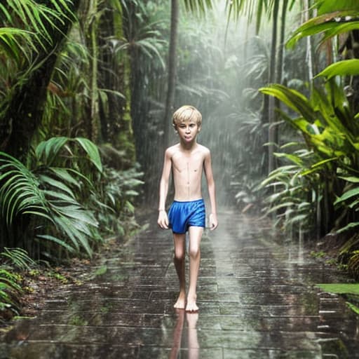  handsome thin graceful 12y blond boy walking barefoot through the rain forest, wearing only small skimpy trunks