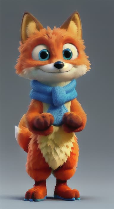  {Error the fox pressing the blue button with his paw, looking puzzled as nothing occurs., Error is a small, bright orange fox with a fluffy tail and big, inquisitive eyes. He has a mischievous yet kind expression and wears a tiny green scarf.