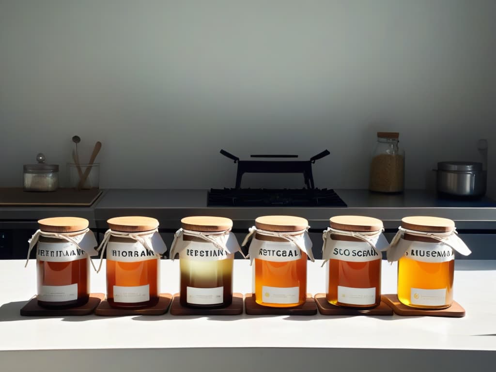  An elegant, minimalistic image of a pristine white marble countertop in a welllit kitchen, showcasing an array of highquality raw organic sweeteners such as honey, maple syrup, stevia leaves, coconut sugar, and agave nectar neatly arranged in clear glass jars with rustic wooden lids. The sunlight streaming in illuminates the natural textures and colors of the sweeteners, creating a visually appealing and calming scene. hyperrealistic, full body, detailed clothing, highly detailed, cinematic lighting, stunningly beautiful, intricate, sharp focus, f/1. 8, 85mm, (centered image composition), (professionally color graded), ((bright soft diffused light)), volumetric fog, trending on instagram, trending on tumblr, HDR 4K, 8K