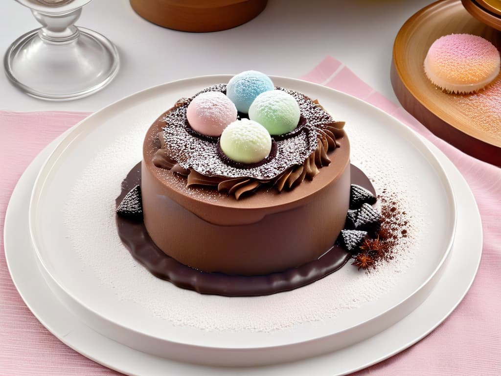  A closeup, photorealistic image of a decadent chocolate mousse dessert topped with delicate edible microsponges in various pastel colors, placed on a sleek white plate with a dusting of cocoa powder around it. The microsponges should appear light and airy, adding a whimsical yet sophisticated touch to the rich dessert, showcasing the advanced texturizing techniques mentioned in the article. The lighting should be soft, enhancing the glossy texture of the mousse and the intricate details of the microsponges. hyperrealistic, full body, detailed clothing, highly detailed, cinematic lighting, stunningly beautiful, intricate, sharp focus, f/1. 8, 85mm, (centered image composition), (professionally color graded), ((bright soft diffused light)), volumetric fog, trending on instagram, trending on tumblr, HDR 4K, 8K