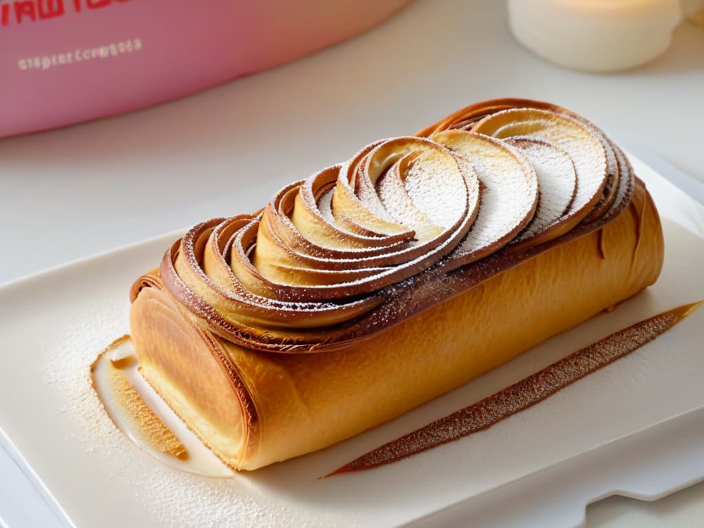  A highresolution, minimalist image featuring a perfectly goldenbrown, freshly baked rollito de canela placed on a sleek, modern white plate. The swirls of cinnamon and sugar are delicately visible on the flaky, buttery layers of the pastry, with a light dusting of powdered sugar on top. The background is softly blurred, emphasizing the exquisite details of the rollito in all its warm, inviting glory. hyperrealistic, full body, detailed clothing, highly detailed, cinematic lighting, stunningly beautiful, intricate, sharp focus, f/1. 8, 85mm, (centered image composition), (professionally color graded), ((bright soft diffused light)), volumetric fog, trending on instagram, trending on tumblr, HDR 4K, 8K