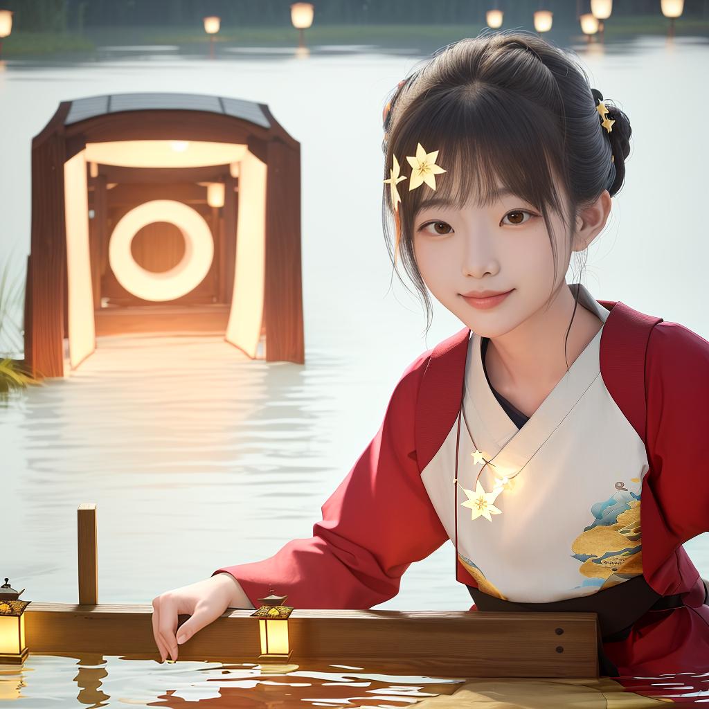  masterpiece, best quality, (Fidelity: 1.4), Best Quality, Masterpiece, Ultra High Resolution, 8k resolution, A night view inspired by Japanese art, featuring a garden illuminated by paper lanterns and a wooden bridge spanning a tranquil lake, by the lakeside, there is a small Zen temple. The water reflects the starry sky.