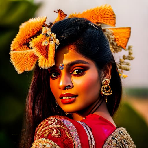 portrait+ style a dusky Gujarati Indian model with fresh flowers in her hair wearing no jewelry, standing on the banks of a river in Gujarat, India