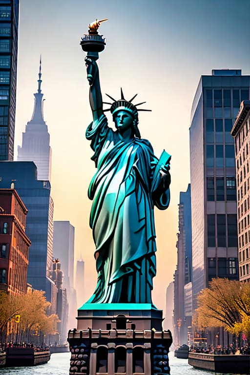  Statue of liberty Alf body and buildings hyperrealistic, full body, detailed clothing, highly detailed, cinematic lighting, stunningly beautiful, intricate, sharp focus, f/1. 8, 85mm, (centered image composition), (professionally color graded), ((bright soft diffused light)), volumetric fog, trending on instagram, trending on tumblr, HDR 4K, 8K