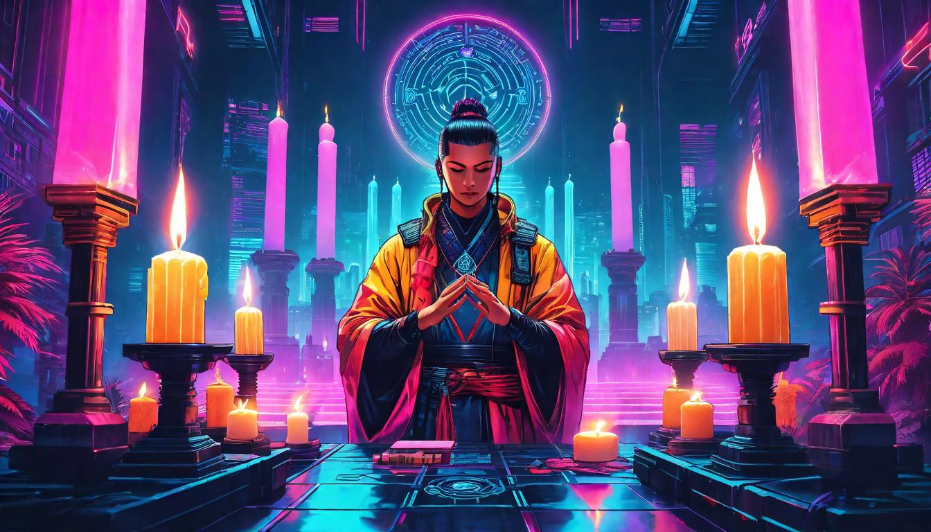  vaporwave,cyberpunk game style A person performing a ritual with candles and symbols, invoking protection, focused expression, sacred and mystical elements, tranquil settingeon, dystopian, futuristic, digital, vibrant, detailed, high contrast, reminiscent of cyberpunk genre video games,retro aesthetic, cyberpunk, vibrant, neon colors, vintage 80s and 90s style, highly detailed