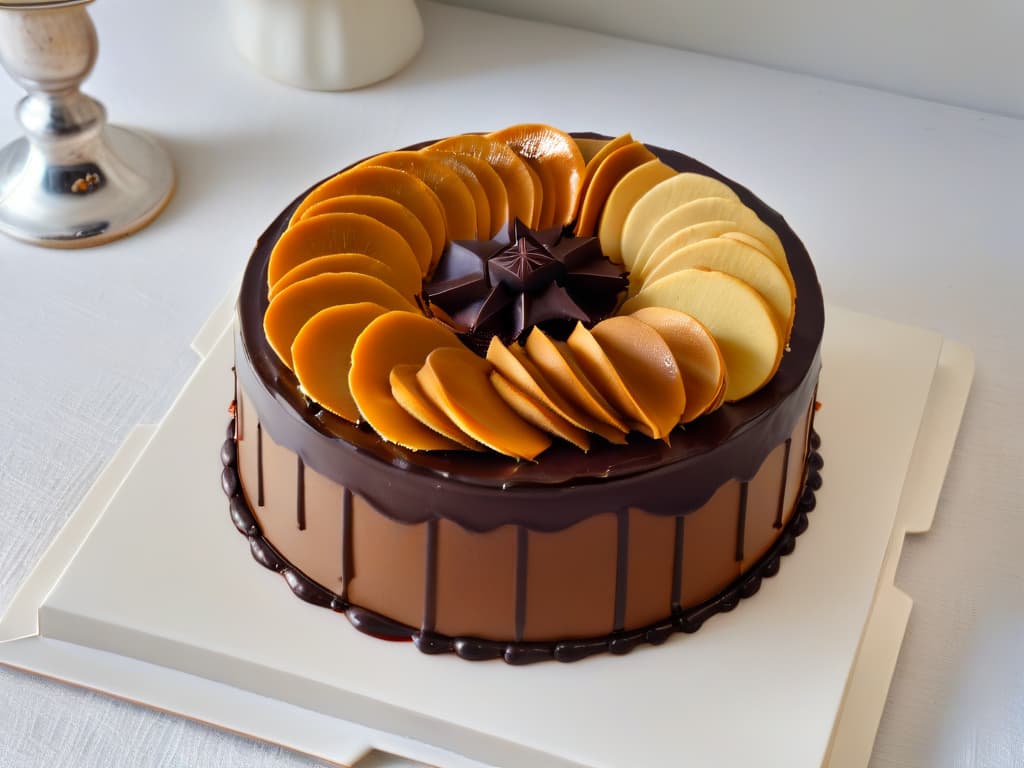  A highresolution, ultradetailed image of a beautifully plated Dobos Torte, showcasing its intricate layers of sponge cake and chocolate buttercream, topped with a glossy caramel glaze and decorative chocolate pieces. The dessert is elegantly presented on a minimalistic white plate, set against a clean, sophisticated backdrop to emphasize its exquisite craftsmanship and delicious appeal. hyperrealistic, full body, detailed clothing, highly detailed, cinematic lighting, stunningly beautiful, intricate, sharp focus, f/1. 8, 85mm, (centered image composition), (professionally color graded), ((bright soft diffused light)), volumetric fog, trending on instagram, trending on tumblr, HDR 4K, 8K