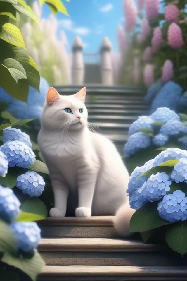  Ultra detailed,8k,high resolution,absurd,adopted,detailed,delicate composition,cinematic angles,bold composition,delicate features,no people,(landscapes,animals){hydrangea,stairs,Japanese garden,many cats: 1.4,blue sky,noon,sunny},top quality,masterpiece, hyperrealistic, full body, detailed clothing, highly detailed, cinematic lighting, stunningly beautiful, intricate, sharp focus, f/1. 8, 85mm, (centered image composition), (professionally color graded), ((bright soft diffused light)), volumetric fog, trending on instagram, trending on tumblr, HDR 4K, 8K