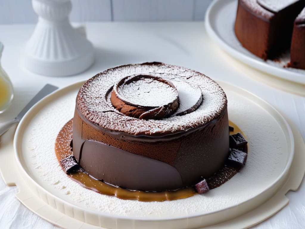  A closeup, ultradetailed image of a perfectly baked glutenfree chocolate lava cake with a dusting of powdered sugar on a sleek, modern white plate. The cake oozes decadent melted chocolate, showcasing a rich and indulgent texture. The background is a soft focus, with subtle lighting that highlights the glossy sheen of the cake's surface, creating a visually captivating and appetizing composition. hyperrealistic, full body, detailed clothing, highly detailed, cinematic lighting, stunningly beautiful, intricate, sharp focus, f/1. 8, 85mm, (centered image composition), (professionally color graded), ((bright soft diffused light)), volumetric fog, trending on instagram, trending on tumblr, HDR 4K, 8K