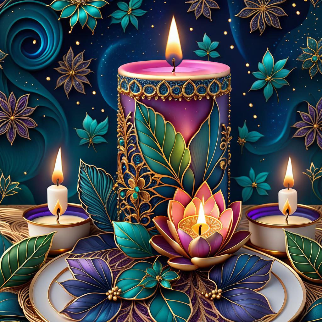  zentangle (Background):Dark blue night sky. In the sky turquoise golden stars and emerald fireworks. There are three candles on the background of the night sky. In the centre one is tall, on the sides wide and lower. (First candle decor)::pink framed with gold patterns and swirls of drops. In the middle of the candle is a flower bud and stem with emerald coloured leaves. Under the flower the candle is tied with a ribbon of blue blue colour. (Second and third candle decor):purple colour, framed with golden drops. In the middle is a purple coloured flower bud and stems with emerald coloured leaves. Zentangle have the signature uneven edge and rounded corners. The original tiles are in the form of geometric shapes: square, triangle, rectangle  hyperrealistic, full body, detailed clothing, highly detailed, cinematic lighting, stunningly beautiful, intricate, sharp focus, f/1. 8, 85mm, (centered image composition), (professionally color graded), ((bright soft diffused light)), volumetric fog, trending on instagram, trending on tumblr, HDR 4K, 8K