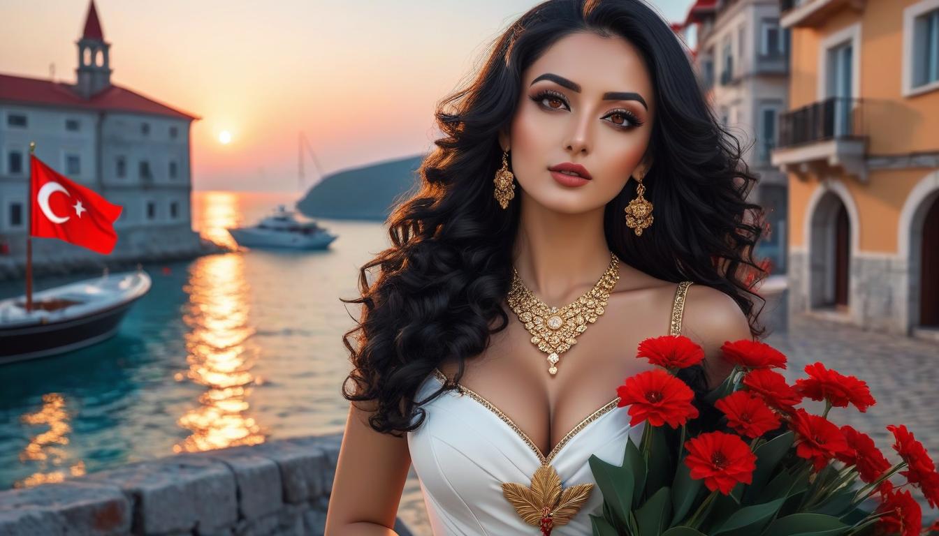  Pretty girl. Beautiful Turkish girl. long black hair. curly hair. brown eyes. white skin. gold jewelry. black dress decorated with red flowers. near the Adriatic Sea shore. Turkish flags on buildings. evening. sunset.full body.neon. evening..cinematic.Ultra realistic. 3D . Epic. high detail. perfect lighting. perfect contrast. perfect composition hyperrealistic, full body, detailed clothing, highly detailed, cinematic lighting, stunningly beautiful, intricate, sharp focus, f/1. 8, 85mm, (centered image composition), (professionally color graded), ((bright soft diffused light)), volumetric fog, trending on instagram, trending on tumblr, HDR 4K, 8K