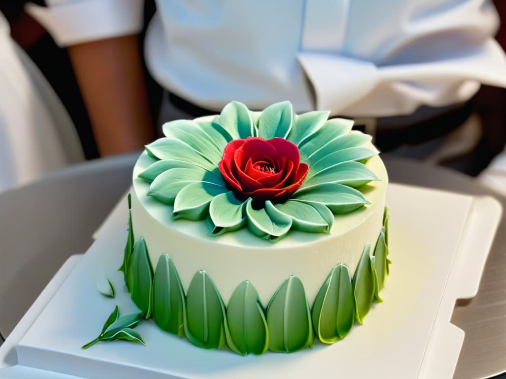  An ultradetailed closeup image of a delicate, intricate sugar flower being meticulously crafted by a pastry chef's hands, showcasing the intricate skill and artistry involved in pastry design. The image captures the fine details of the petals, the subtle shading of the colors, and the precision of the chef's movements, evoking a sense of professionalism and inspiration in the world of augmented reality in pastry making. hyperrealistic, full body, detailed clothing, highly detailed, cinematic lighting, stunningly beautiful, intricate, sharp focus, f/1. 8, 85mm, (centered image composition), (professionally color graded), ((bright soft diffused light)), volumetric fog, trending on instagram, trending on tumblr, HDR 4K, 8K