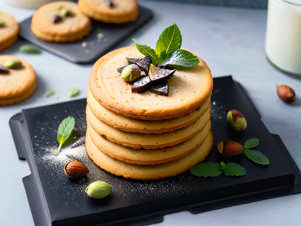  A closeup, ultradetailed image of a perfectly golden and crispy ketofriendly almond flour cookie, topped with a delicate drizzle of sugarfree dark chocolate and a sprinkle of crushed pistachios, resting on a sleek, matte black plate. The cookie is surrounded by a scattering of whole almonds and vibrant green mint leaves, all set against a soft, blurred background to emphasize the exquisite texture and craftsmanship of the dessert. hyperrealistic, full body, detailed clothing, highly detailed, cinematic lighting, stunningly beautiful, intricate, sharp focus, f/1. 8, 85mm, (centered image composition), (professionally color graded), ((bright soft diffused light)), volumetric fog, trending on instagram, trending on tumblr, HDR 4K, 8K