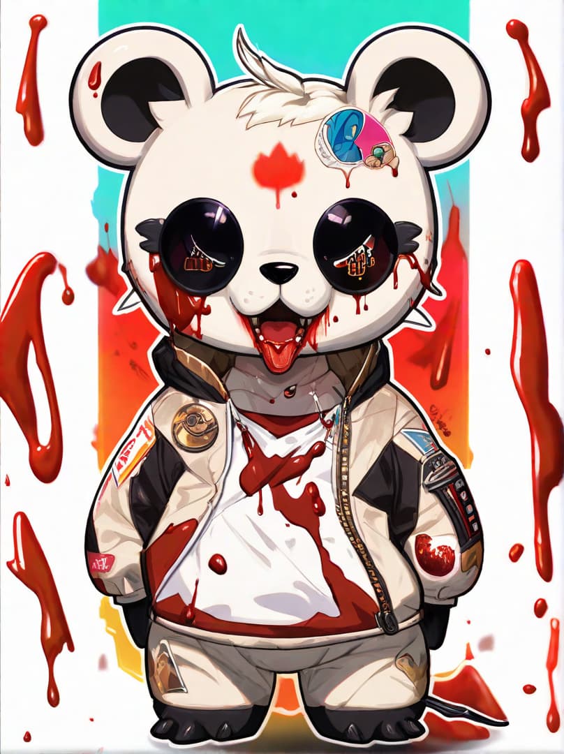 , a cute guilt robot bear, sticker, akira toriyama , white background,murder bear, bloody , dripping blood,bloody trump head on ground<lora:halloween-makeup:0.9380552704105101><lora:illustration-style:0.5895297976427594><lora:rionrtlora:0.28589246646300737><lora:margiela-ss24:0.35833211775159257> hyperrealistic, full body, detailed clothing, highly detailed, cinematic lighting, stunningly beautiful, intricate, sharp focus, f/1. 8, 85mm, (centered image composition), (professionally color graded), ((bright soft diffused light)), volumetric fog, trending on instagram, trending on tumblr, HDR 4K, 8K