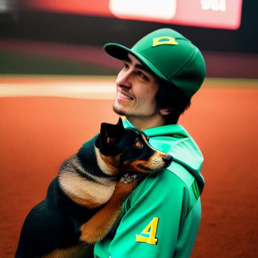  aboy dark skind holding a dog putting on a green basebal cap having written letters on it A,s hyperrealistic, full body, detailed clothing, highly detailed, cinematic lighting, stunningly beautiful, intricate, sharp focus, f/1. 8, 85mm, (centered image composition), (professionally color graded), ((bright soft diffused light)), volumetric fog, trending on instagram, trending on tumblr, HDR 4K, 8K