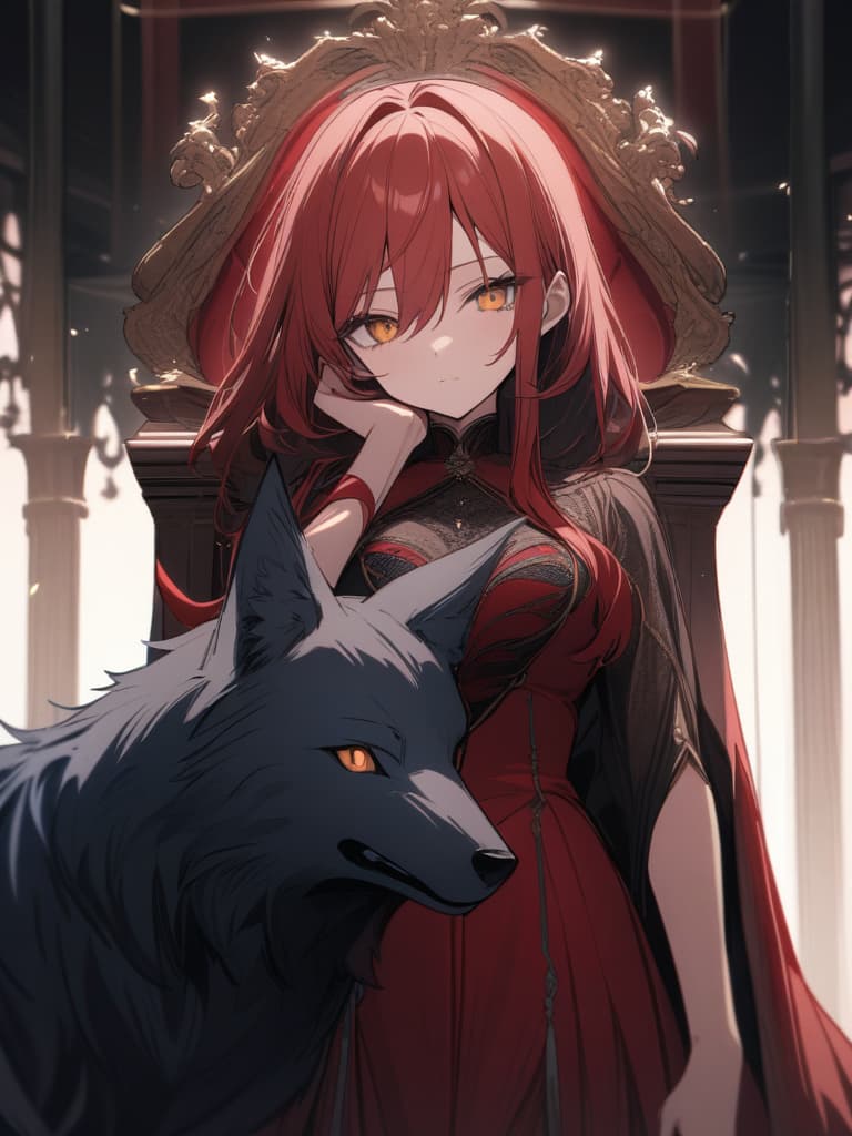  Girl next to wolf,red haired wolf (((red haired wolf: 1.5 times the size of the girl,lustrous hair,golden eye color))),black haired girl: vampire,lustrous hair color,delicate red eye color,beautiful face,dignified appearance,throne room,dark background,masterpiece,ultra precise,ultra high resolution,ultra analytical,absurd, masterpiece, best quality,8k,ultra detailed,high resolution,an extremely delicate and beautiful,hyper detail