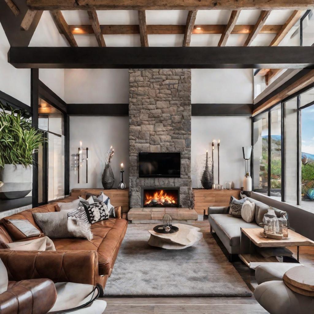   Design a cozy den with exposed wooden beams, a stone fireplace, and leather armchairs for a refined yet rustic feel. 8k, cinematic lighting, HDR