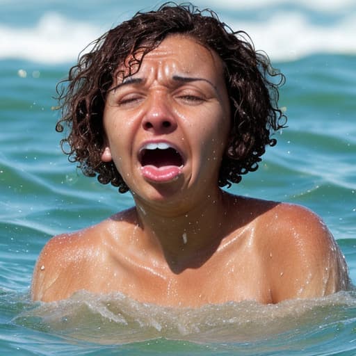  tanned woman with short and curly haircut is in the water up to her nose she's screaming and panic