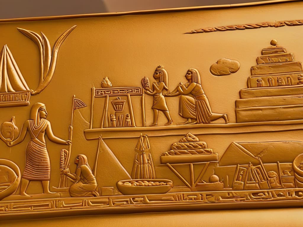  An intricate and highly detailed 8k ultradetailed generation image of a traditional Egyptian hieroglyphic carving depicting ancient Egyptians baking and enjoying sweet pastries, with intricate details of the baking process, ingredients, and hieroglyphic symbols related to sweetness and dessert making. The image is set against a backdrop of a golden desert sunset, adding a touch of mystique and historical charm to the scene. hyperrealistic, full body, detailed clothing, highly detailed, cinematic lighting, stunningly beautiful, intricate, sharp focus, f/1. 8, 85mm, (centered image composition), (professionally color graded), ((bright soft diffused light)), volumetric fog, trending on instagram, trending on tumblr, HDR 4K, 8K