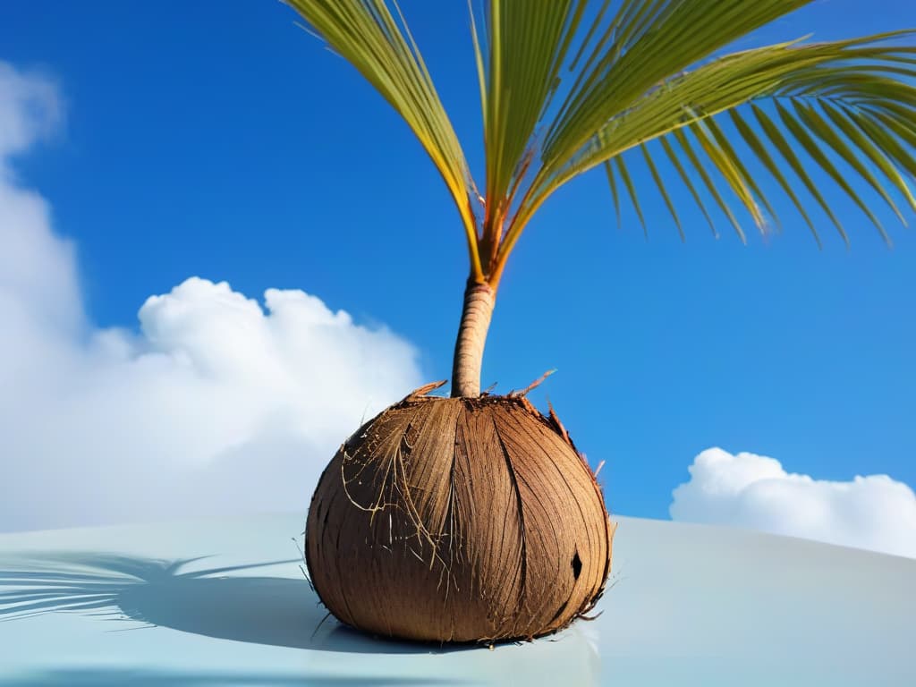  A closeup, ultradetailed image of a single coconut palm tree against a clear blue sky, showcasing its intricate fronds and rough textured bark. The sunlight filters through the leaves, creating a play of light and shadow on the ground below. The minimalistic composition highlights the natural beauty and simplicity of the coconut palm, symbolizing the source of sustainable and healthy coconut sugar. hyperrealistic, full body, detailed clothing, highly detailed, cinematic lighting, stunningly beautiful, intricate, sharp focus, f/1. 8, 85mm, (centered image composition), (professionally color graded), ((bright soft diffused light)), volumetric fog, trending on instagram, trending on tumblr, HDR 4K, 8K