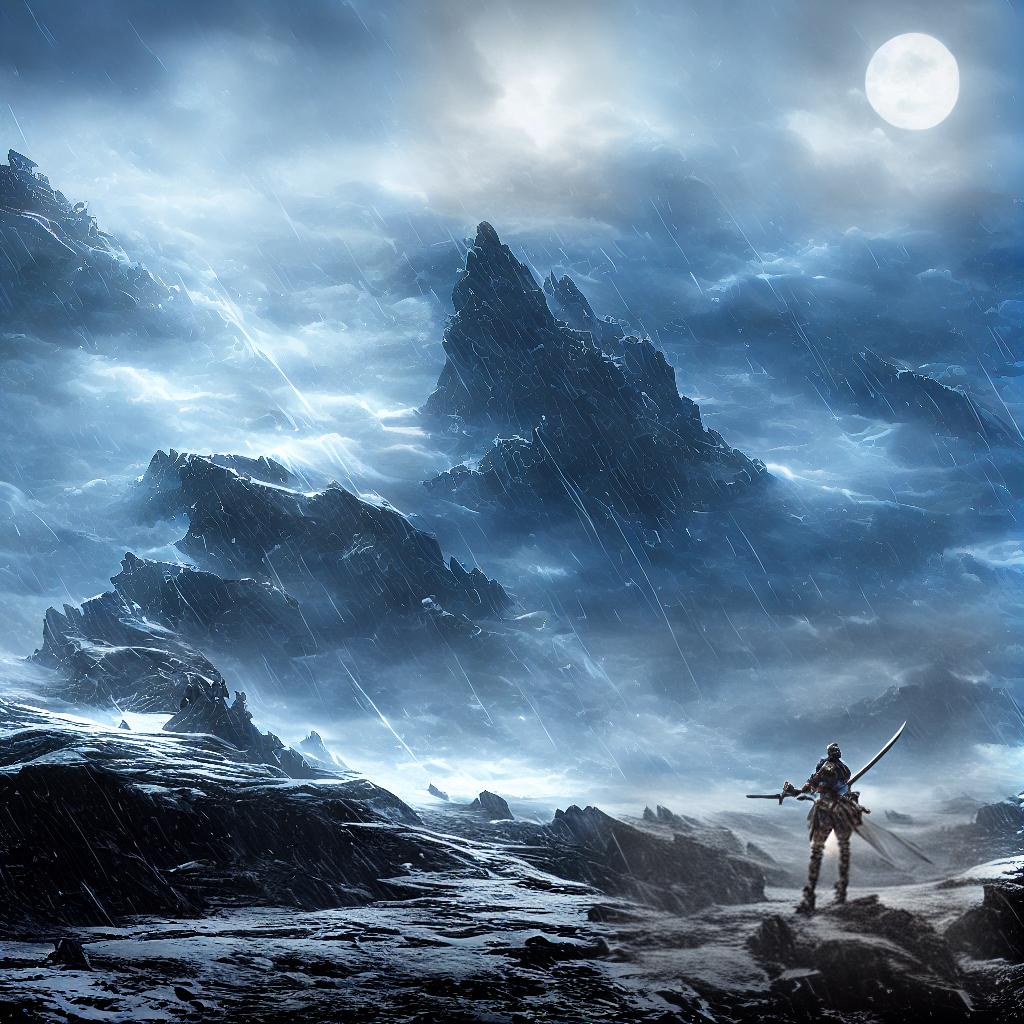  A cold decisive warrior, ((covered in armor)), ((holding a powerful sword)), standing in a snowy landscape, ((with a storm brewing in the background)), illuminated by a full moon. The artwork should be a masterpiece, with the best quality, 8k resolution, and high detailed. hyperrealistic, full body, detailed clothing, highly detailed, cinematic lighting, stunningly beautiful, intricate, sharp focus, f/1. 8, 85mm, (centered image composition), (professionally color graded), ((bright soft diffused light)), volumetric fog, trending on instagram, trending on tumblr, HDR 4K, 8K