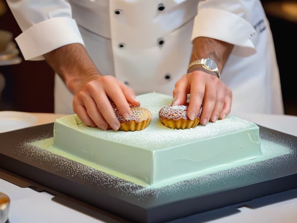  A closeup, ultradetailed image of a chef's hands meticulously piping intricate designs on a delicate pastry, showcasing precision and artistry in the world of pastry competitions. The focus is on the chef's fingers, expertly maneuvering the piping bag to create stunning decorations, with every tiny movement captured in high definition. The background is blurred to emphasize the skill and concentration required in the art of pastry making, perfectly encapsulating the essence of pastry competitions and the dedication of a talented chef pastelero. hyperrealistic, full body, detailed clothing, highly detailed, cinematic lighting, stunningly beautiful, intricate, sharp focus, f/1. 8, 85mm, (centered image composition), (professionally color graded), ((bright soft diffused light)), volumetric fog, trending on instagram, trending on tumblr, HDR 4K, 8K