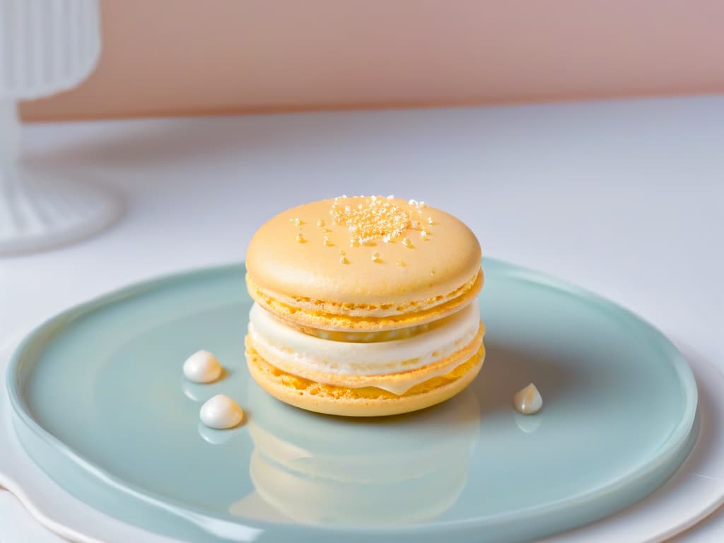  A closeup, ultradetailed image of a single perfectly baked macaron resting on a delicate, pastelcolored porcelain plate. The macaron is flawlessly smooth with a glossy surface, showcasing a symmetrical shape and a precise, uniform size. Its vibrant color contrasts beautifully with the soft, elegant background, emphasizing the meticulous attention to detail and craftsmanship required to achieve such a delectable treat. hyperrealistic, full body, detailed clothing, highly detailed, cinematic lighting, stunningly beautiful, intricate, sharp focus, f/1. 8, 85mm, (centered image composition), (professionally color graded), ((bright soft diffused light)), volumetric fog, trending on instagram, trending on tumblr, HDR 4K, 8K