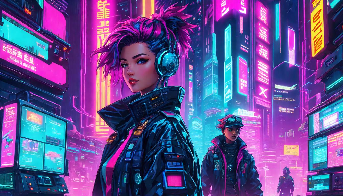  vaporwave,cyberpunk game style captivated friends and followers, elemental power display, awe struck expressions, luminous elements, transformative sceneeon, dystopian, futuristic, digital, vibrant, detailed, high contrast, reminiscent of cyberpunk genre video games,retro aesthetic, cyberpunk, vibrant, neon colors, vintage 80s and 90s style, highly detailed