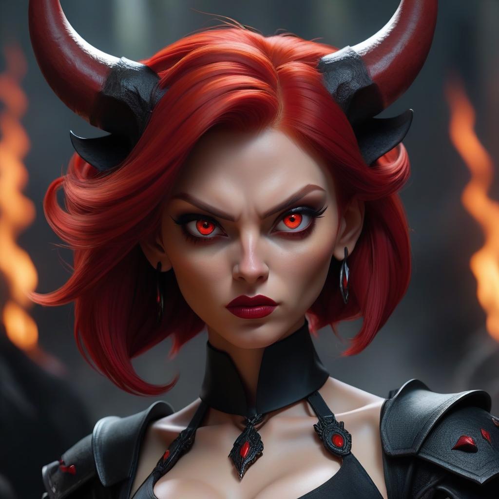  hyperrealistic art A girl demon with red hair, a calm face, and red eyes. Her horns are black, and her clothing is dark with no decollete. Background is hell. . extremely high resolution details, photographic, realism pushed to extreme, fine texture, incredibly lifelike hyperrealistic, full body, detailed clothing, highly detailed, cinematic lighting, stunningly beautiful, intricate, sharp focus, f/1. 8, 85mm, (centered image composition), (professionally color graded), ((bright soft diffused light)), volumetric fog, trending on instagram, trending on tumblr, HDR 4K, 8K