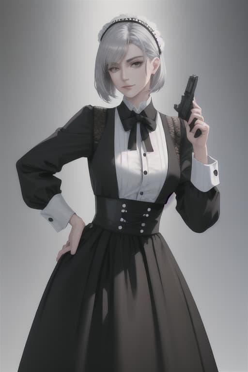  The face is cool, boyish, the eyes have dignified eyes, the gender is a woman, the gender is a disgusting face, the clothes are maid, and the mini skirts can be seen. One hand has a handgun, the hairstyle is shortcut, the hair color is silver hair hyperrealistic, full body, detailed clothing, highly detailed, cinematic lighting, stunningly beautiful, intricate, sharp focus, f/1. 8, 85mm, (centered image composition), (professionally color graded), ((bright soft diffused light)), volumetric fog, trending on instagram, trending on tumblr, HDR 4K, 8K