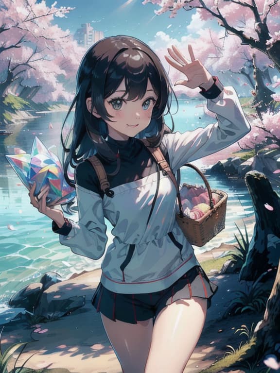  master piece, best quality, ultra detailed, highres, 4k.8k, A young ., Smiling and waving., Joyful and energetic., BREAK Cheerful and lively atmosphere., A vint park., Cherry blossoms, a cute stuffed animal, a picnic basket, and a kite., BREAK Festive and colorful., Sunshine filtering through the trees, creating a warm, inviting feel., crystallineAI,CyberpunkAI