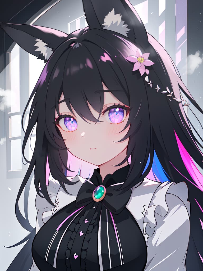  Horse ears, no ears, black hair, fox eye, left eye purple, right eye pink, odd eye, horse tail, gothic lolita, masterpiece, best quality,8k,ultra detailed,high resolution,an extremely delicate and beautiful,hyper detail hyperrealistic, full body, detailed clothing, highly detailed, cinematic lighting, stunningly beautiful, intricate, sharp focus, f/1. 8, 85mm, (centered image composition), (professionally color graded), ((bright soft diffused light)), volumetric fog, trending on instagram, trending on tumblr, HDR 4K, 8K