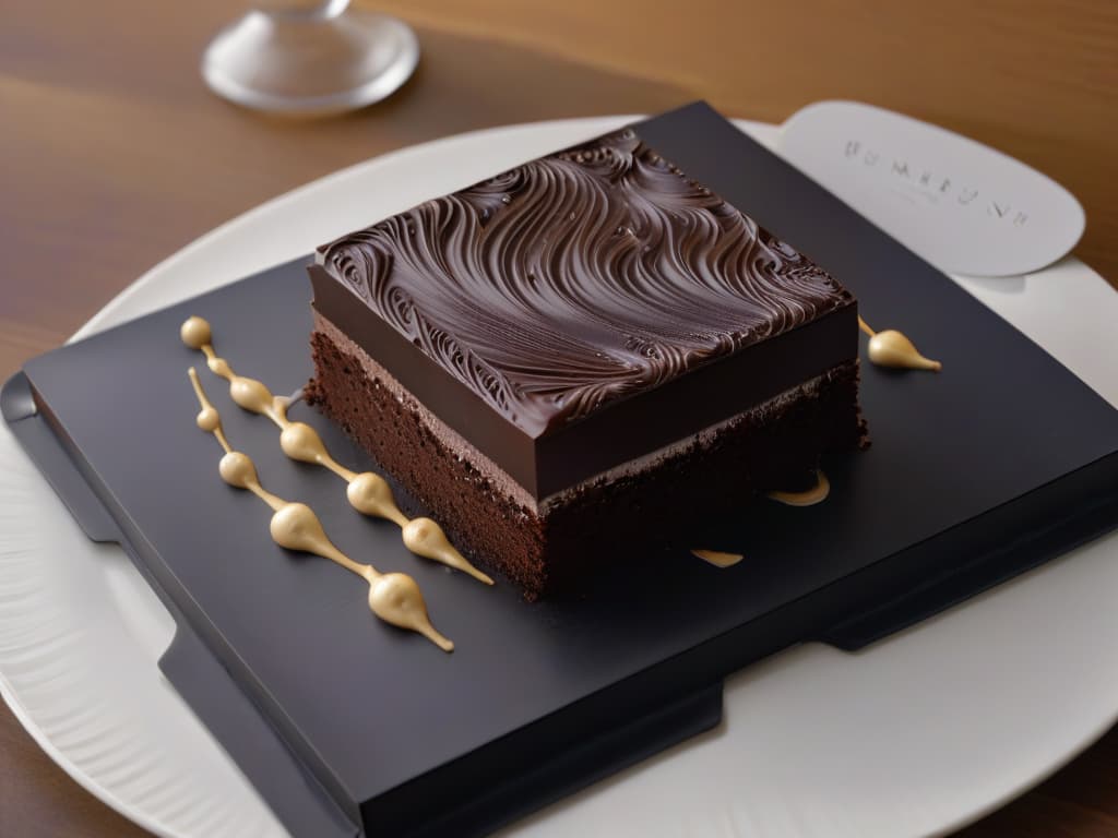  An ultradetailed image of a square piece of dark chocolate with a glossy finish, placed on a sleek black plate next to a small cup of hot espresso, showcasing the intricate swirls and textures on the surface of the chocolate. The lighting is soft but highlights the richness of the chocolate, creating a luxurious and elegant aesthetic perfect for a gourmet dessert pairing. hyperrealistic, full body, detailed clothing, highly detailed, cinematic lighting, stunningly beautiful, intricate, sharp focus, f/1. 8, 85mm, (centered image composition), (professionally color graded), ((bright soft diffused light)), volumetric fog, trending on instagram, trending on tumblr, HDR 4K, 8K