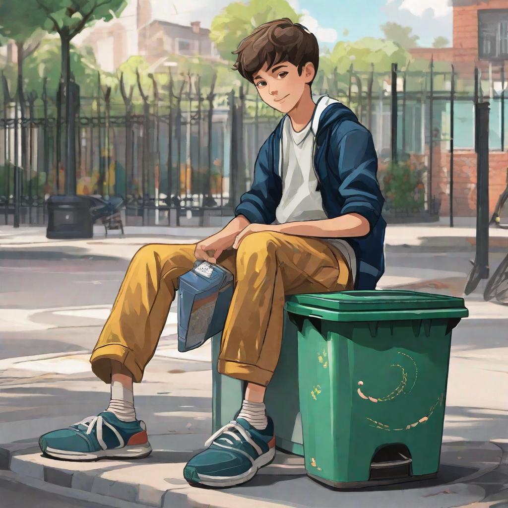  I want to design a 14-year-old middle school student who is handsome, handsome and cheerful. I want to see the whole body. The picture is that he kicks over the garbage can and wants to attract the attention of his favorite person.