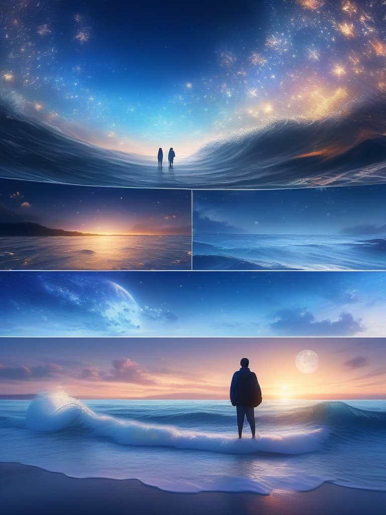  The background is the sea, the men and women are a little far away, looking at the sea, the sky is the starry sky., masterpiece, best quality,8k,ultra detailed,high resolution,an extremely delicate and beautiful,hyper detail