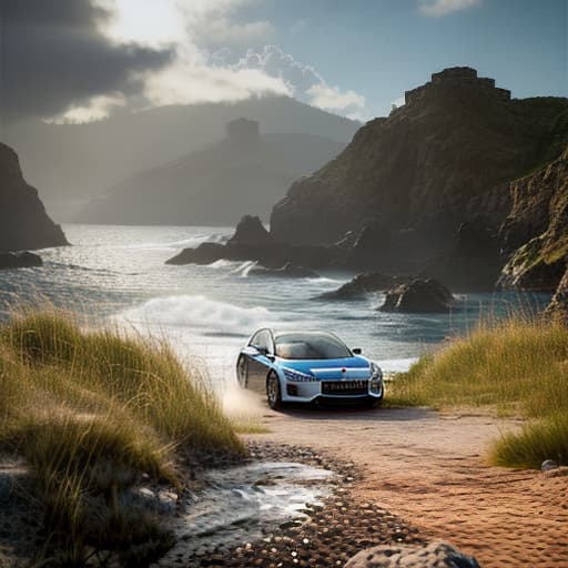 redshift style bmw Seaside Serenity hyperrealistic, full body, detailed clothing, highly detailed, cinematic lighting, stunningly beautiful, intricate, sharp focus, f/1. 8, 85mm, (centered image composition), (professionally color graded), ((bright soft diffused light)), volumetric fog, trending on instagram, trending on tumblr, HDR 4K, 8K