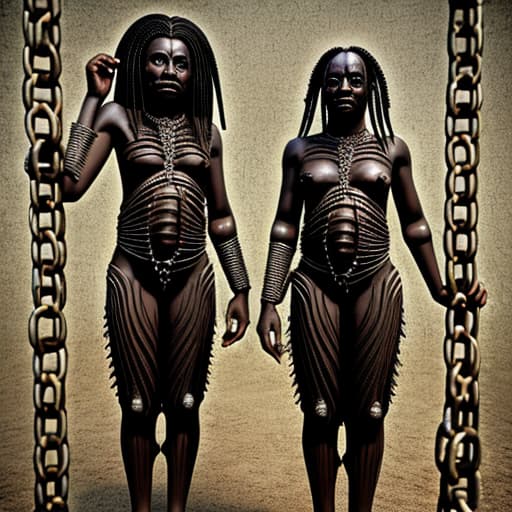  Two African slave woman in shackles and chains in the style of hr giger